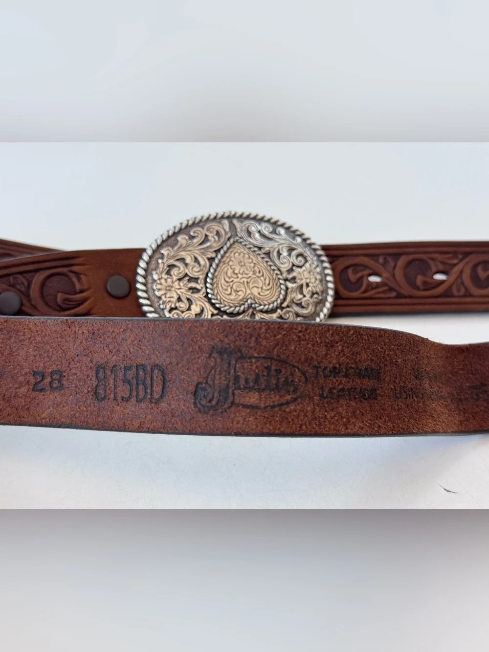 JUSTIN’S TROPHY HEART BROWN LEATHER BELT SIZE 28